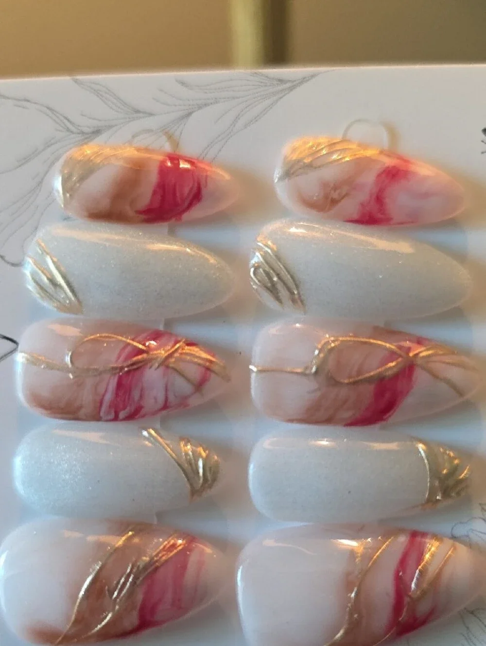Hand-Painted Pink Marble & Gold Accent Press-On Nails Size Large